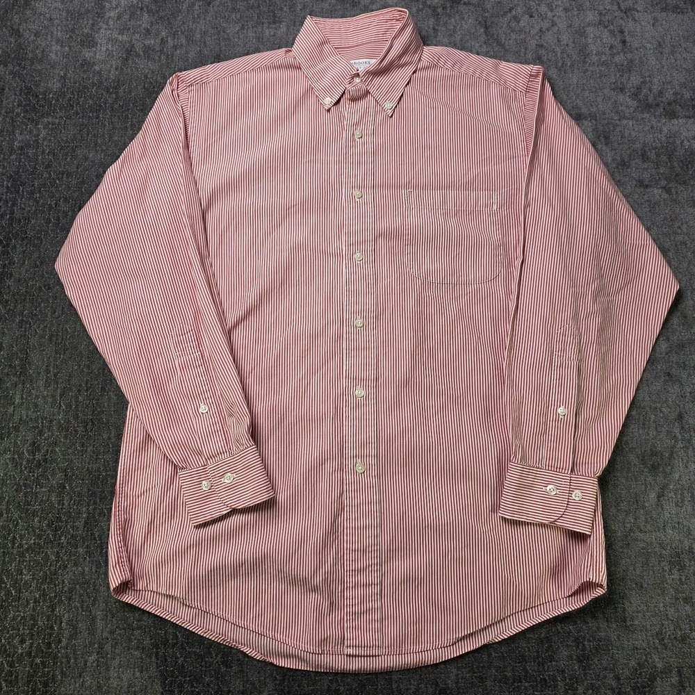 Brooks Basics Button Down Dress Shirt Mens 15 32/33 Medium Red White Striped M